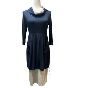 Paola Prata Collezioni Navy Cowl Neck Dress w Pockets Made in Italy Women's Sz L